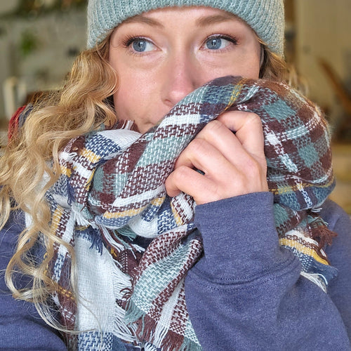 Classic Plaid Blanket Scarf - White/Brown/Mint