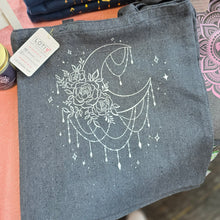 Moon and Flowers Navy Blue Sustainable Tote Bag (white print)