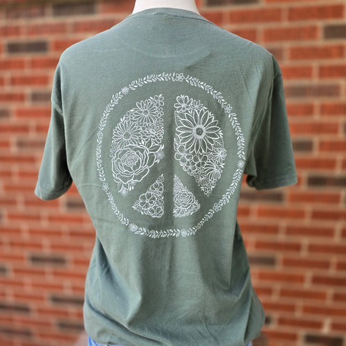 Floral Peace Sign Pine Green Tee