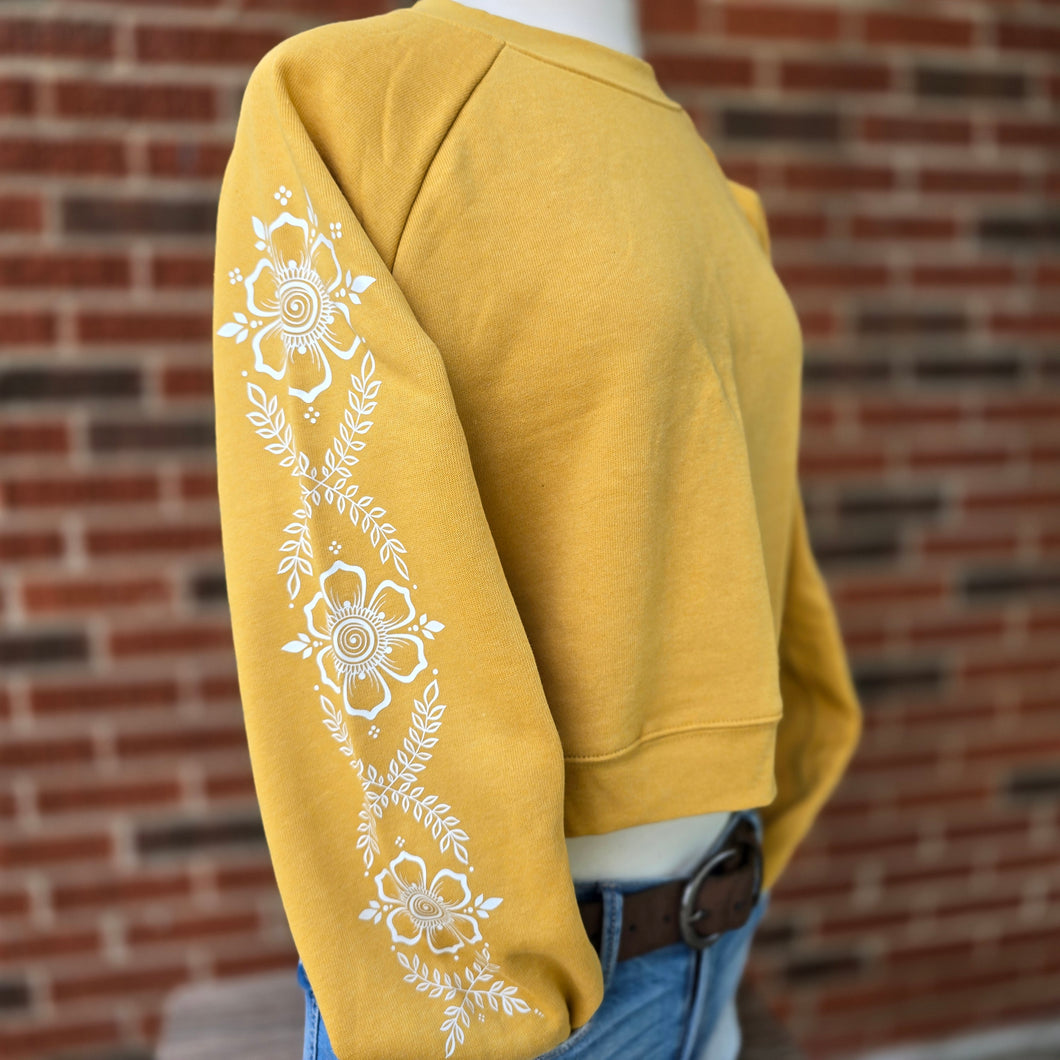 Henna Floral Sleeve Mustard Crop Sweatshirt