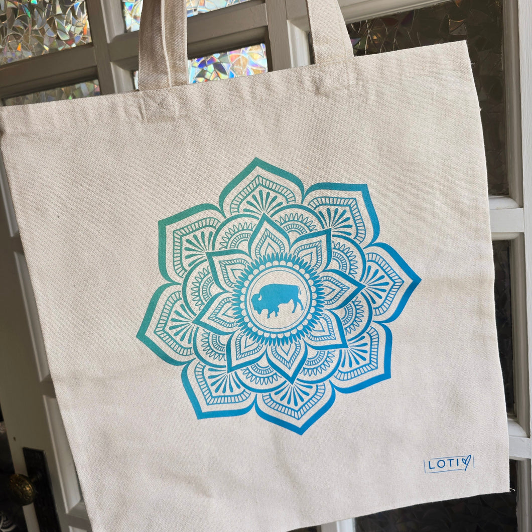 Green and Blue Ombre Mandala Recycled Natural Tote Bag
