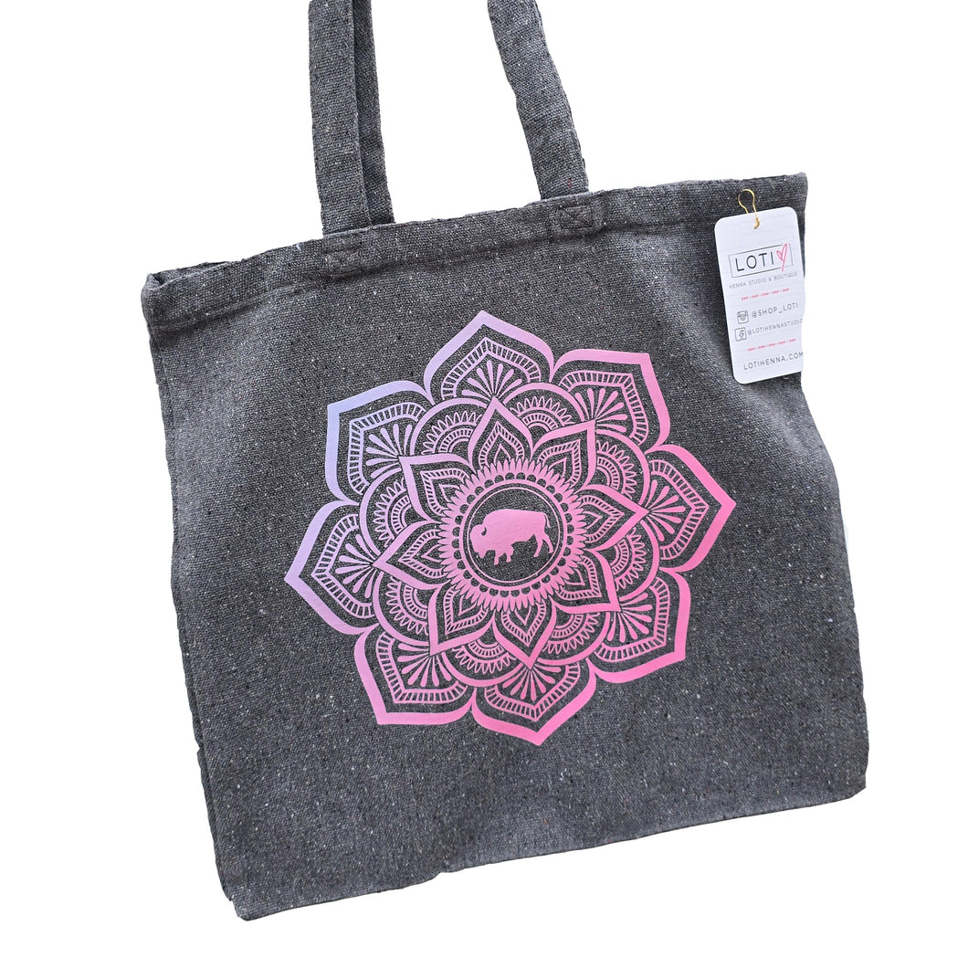 Pink and Purple Ombre Mandala Dark Gray Sustainable Tote Bag