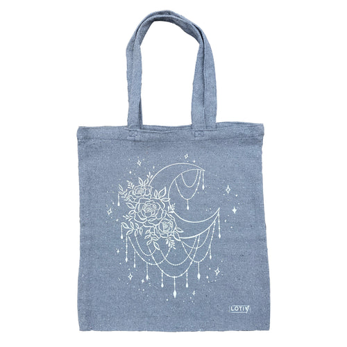 Moon and Flowers Navy Blue Sustainable Tote Bag (white print)