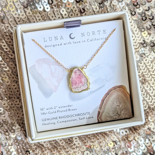 Earth, Wind and Fire Stone Necklace Gold - Rhodochrosite