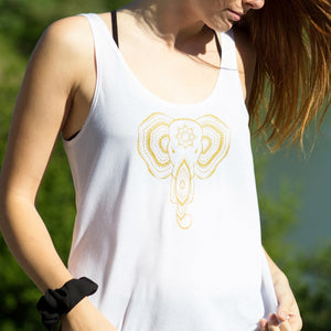 White and Gold Elephant Tank Top with Curved Side Slit (size XL)