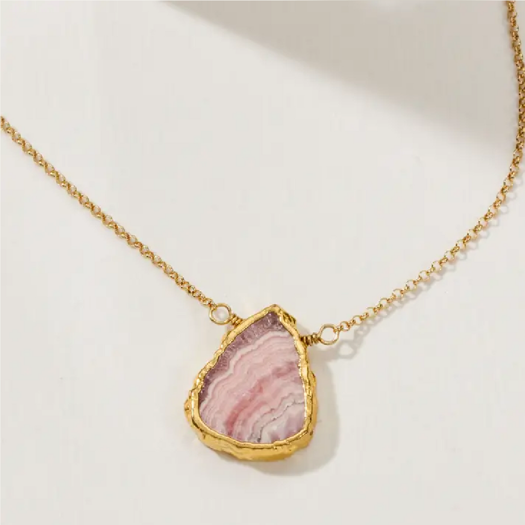 Earth, Wind and Fire Stone Necklace Gold - Rhodochrosite