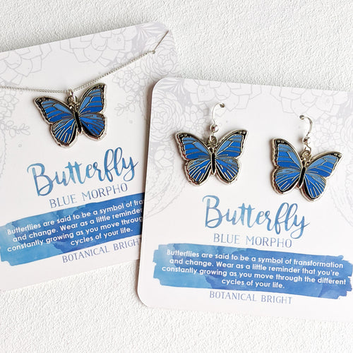 Blue Morpho Butterfly Necklace & Earrings