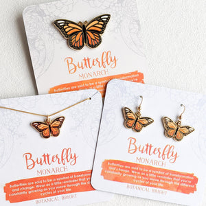 Monarch Butterfly Necklace, Earrings & Enamel Pin