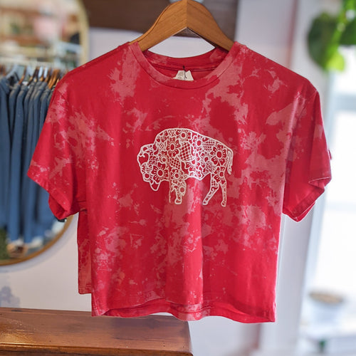 Bleach Dyed Buffalo Floral Crop Tee - Red